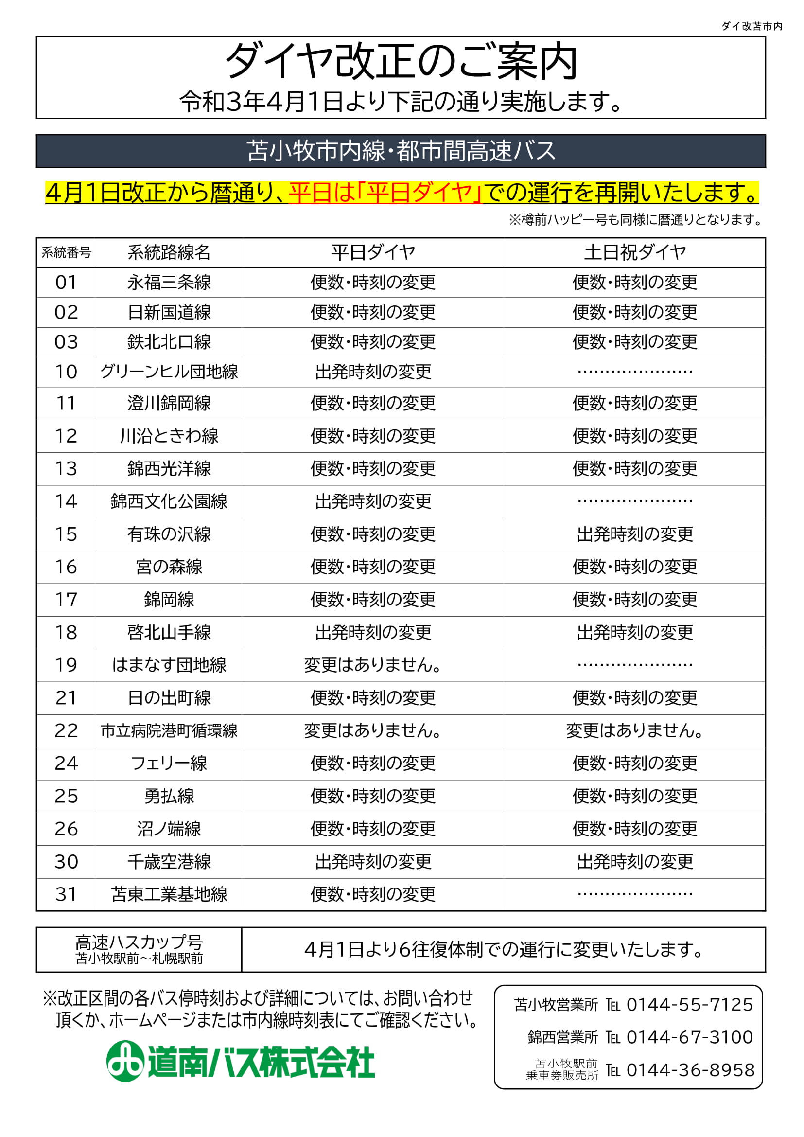 2021年4月1日 苫小牧市内線ダイヤ改正について 道南バス株式会社